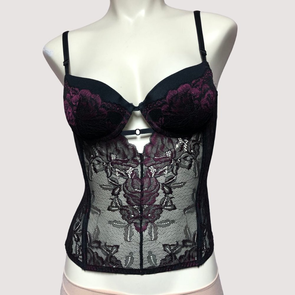 LA Senza Black & Burgundy Lace Corset Merrywidow Size Small